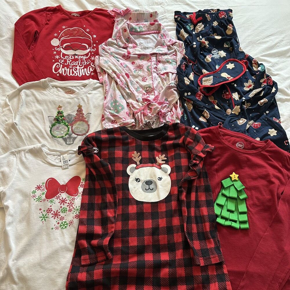 Girl Lot of‎ 4 Christmas Holiday Graphic Tops 2 PJ Sets 1 Nightgown Sz 7-8 Girls